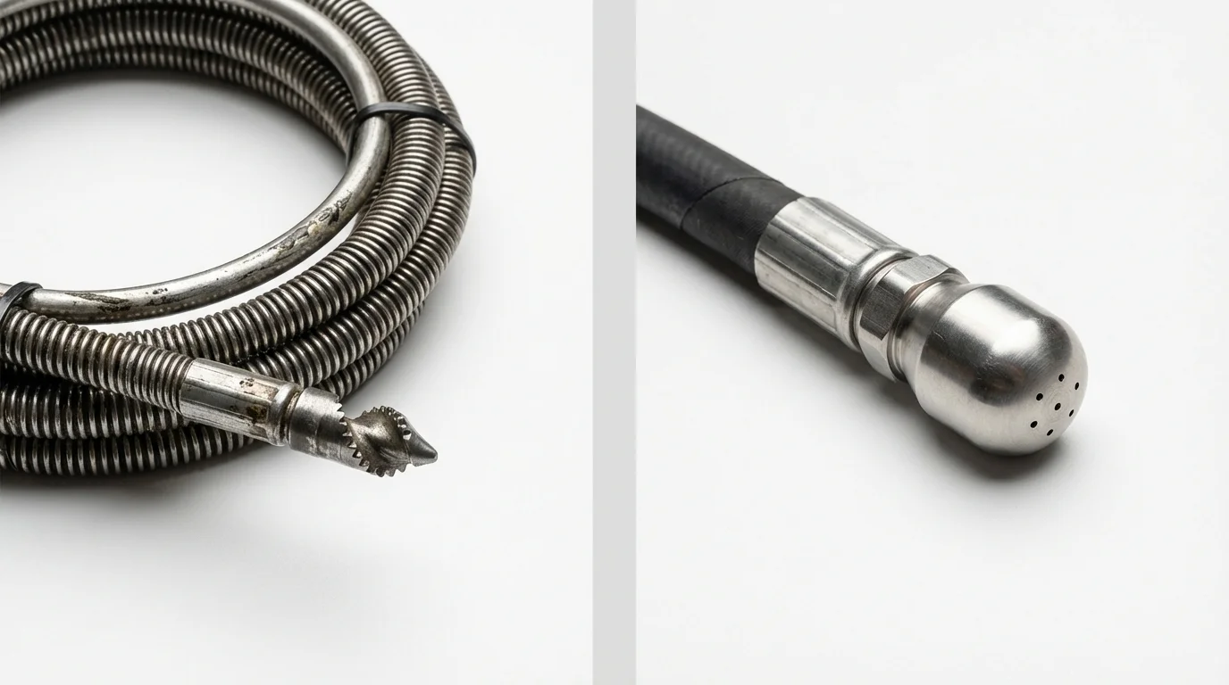 Drain snake cable and hydro jetting nozzle used for drain cleaning in Peterborough, NH