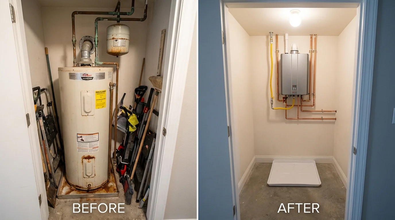 Tank water heater versus wall-mounted tankless unit comparison for Peterborough, NH homeowners