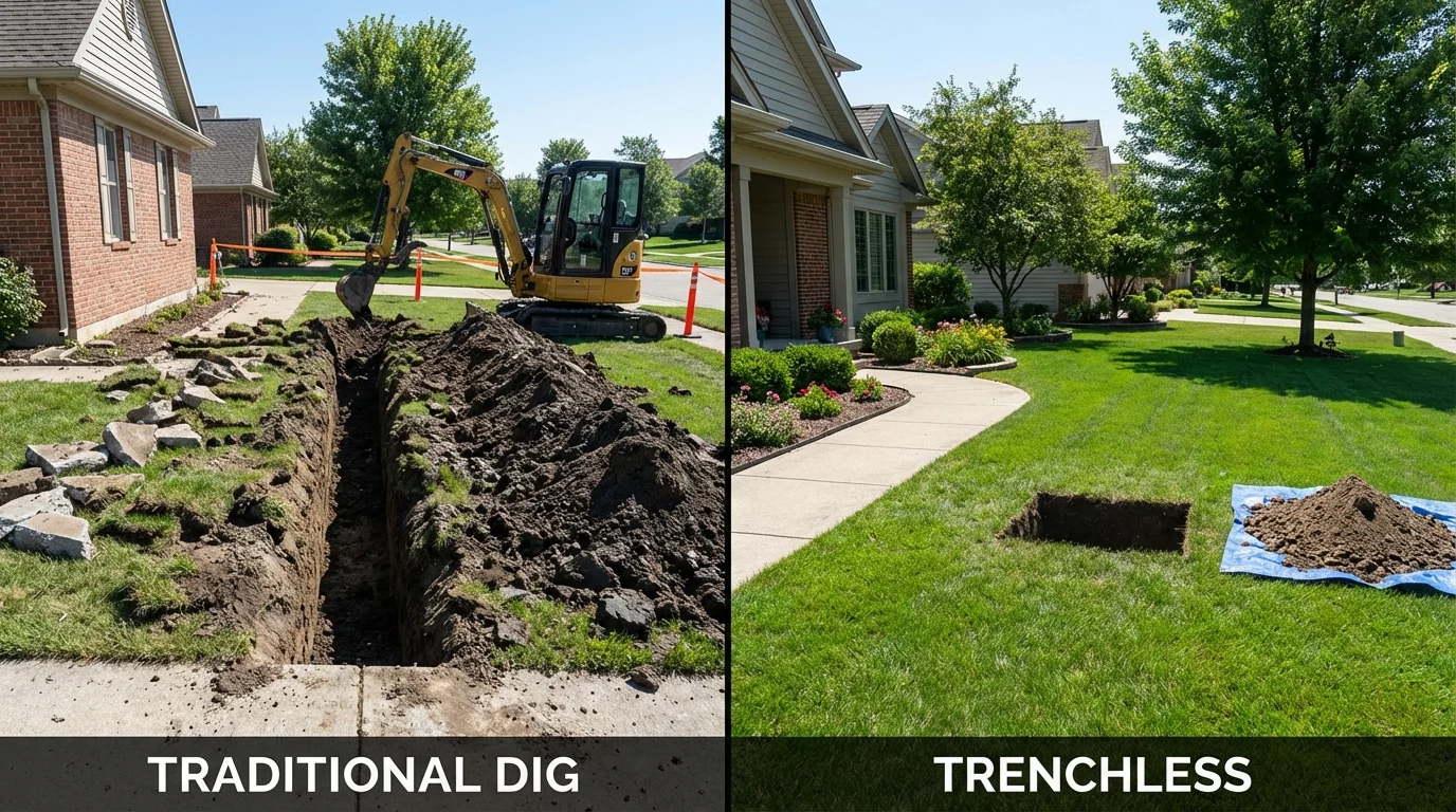 Trenchless sewer repair with minimal yard damage versus traditional excavation in Peterborough, NH