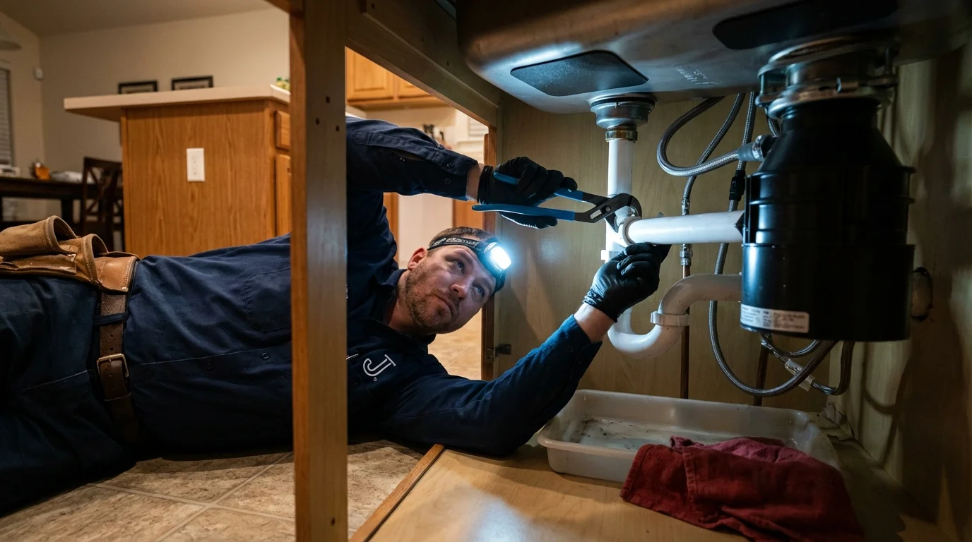 P-trap and supply line connections under a kitchen sink showing a common leak point in Peterborough, NH